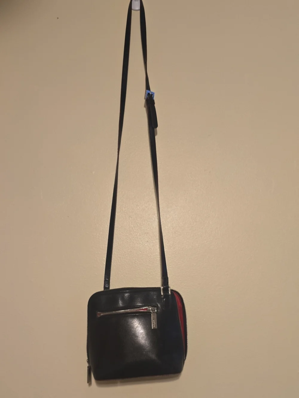 Hobo Black Leather Crossbody Bag with Red Lining